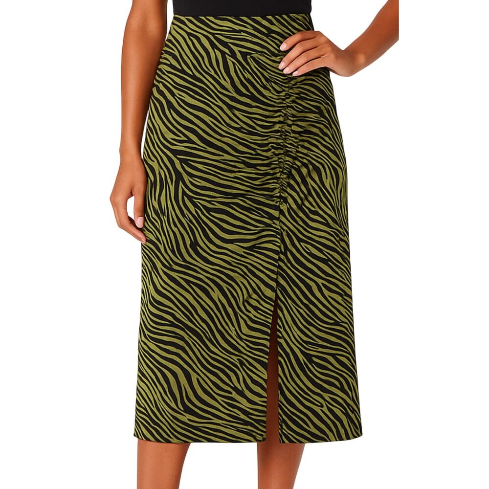 Michael Kors Olive Green Black Zebra Print Side Ruched Midi Skirt size L NEW Tag